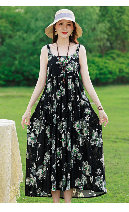 New Fashion Casual 2025 Summer Elegant Dresses For Women O-Neck Print Vintage Sleeveless Dress Loose Women Clothing