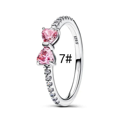 Fine Jewelry Pink Shining Bow Set Ring Earrings Bracelet Necklace Zircon Original 925 Sterling Silver DIY Women DIY Birthdy Gift AMC013003-7