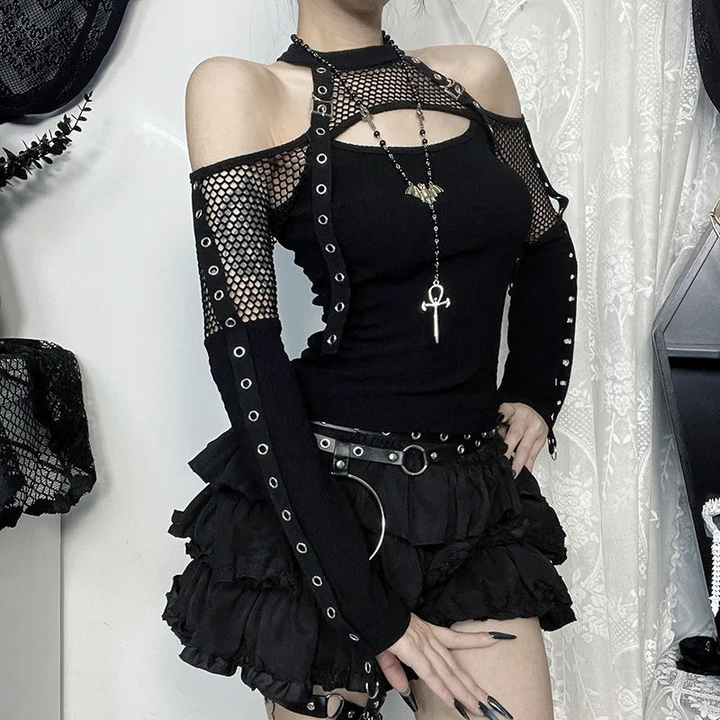 Goth Dark Punk Grunge Fishnet Patchwork Off Shoulder T-shirts Trim Corn Strap Halter Tops Autumn Mall Gothic Streetwear T-shirt
