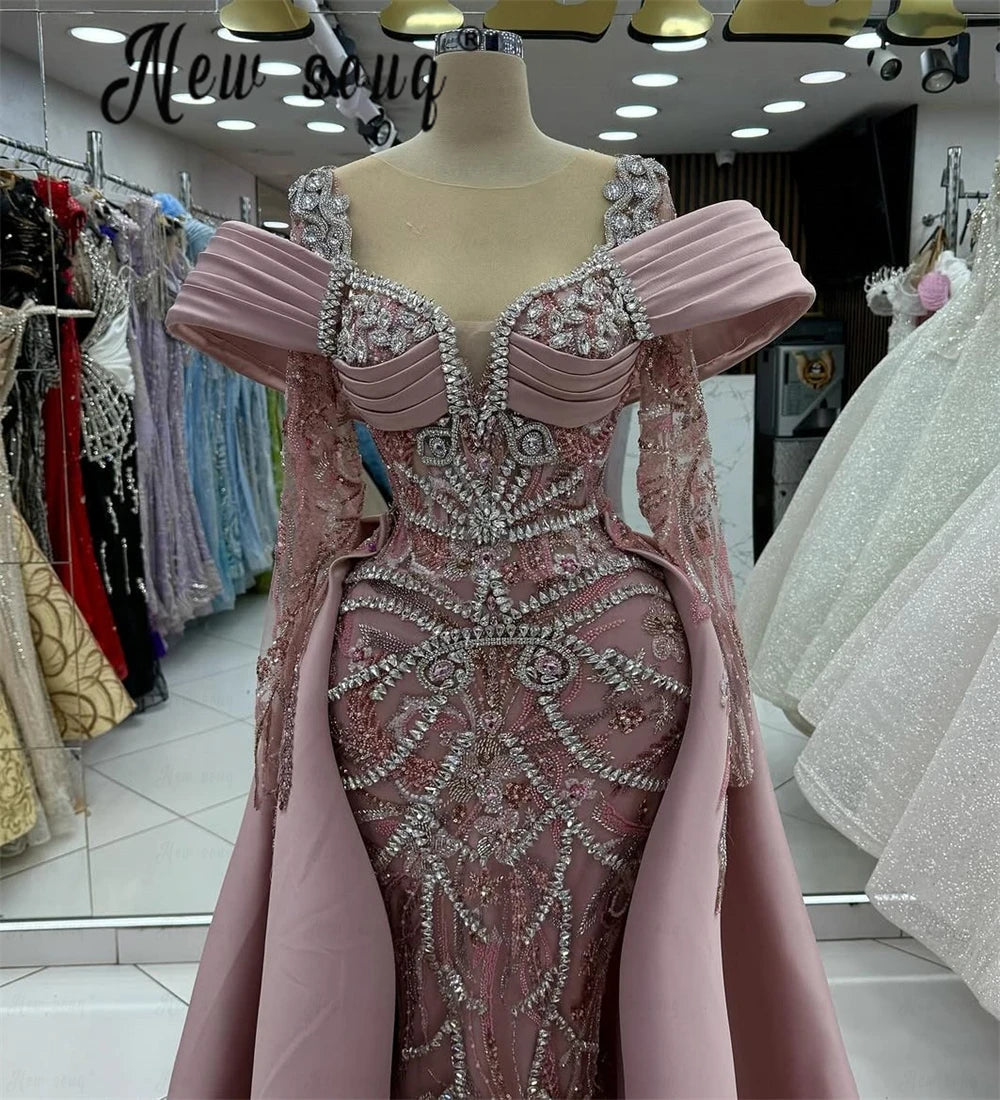 Blush Pink Long Sleeve Evening Dress With Detachable Train Women Arabic Wedding Engagement Party Gowns Lace Beaded Customized Badiee Stylez