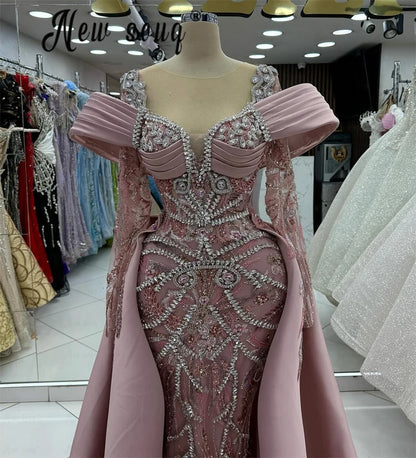 Blush Pink Long Sleeve Evening Dress With Detachable Train Women Arabic Wedding Engagement Party Gowns Lace Beaded Customized Badiee Stylez