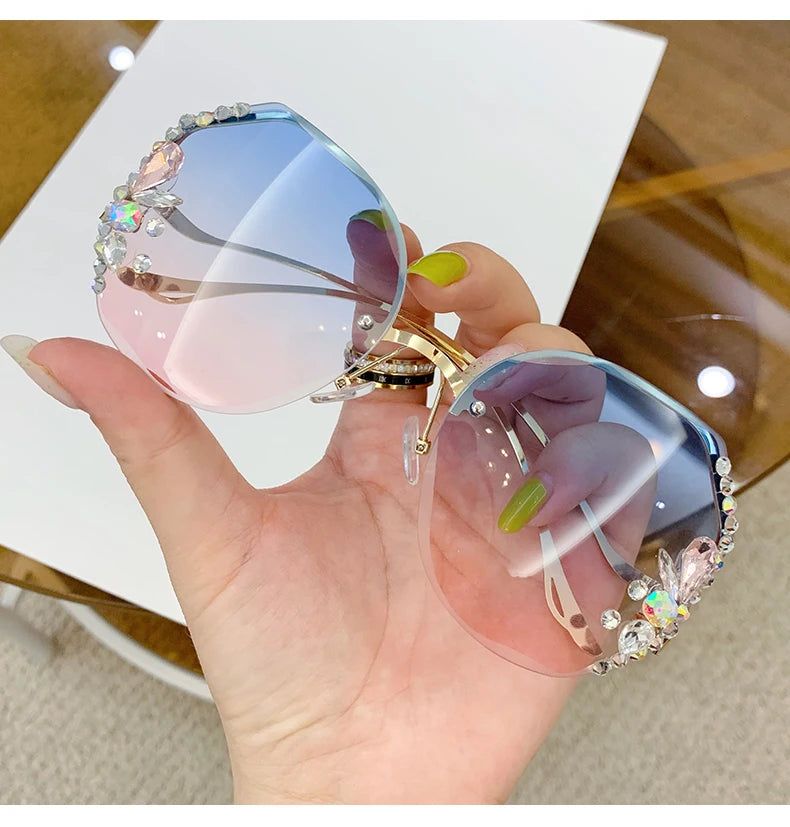 Women's New Diamond-encrusted Sunglasses Rimless Cut Edge Sunglasses Big Face Slimming Sunglasses