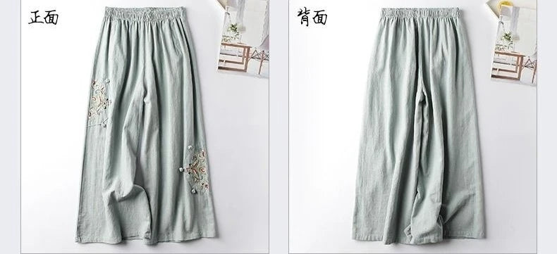Summer Cotton Linen Cropped Pants Women Casual Thin Vintage Ethnic Bottom Embroidered Wide Leg Pants Woman Clothes Trousers