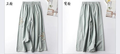 Summer Cotton Linen Cropped Pants Women Casual Thin Vintage Ethnic Bottom Embroidered Wide Leg Pants Woman Clothes Trousers