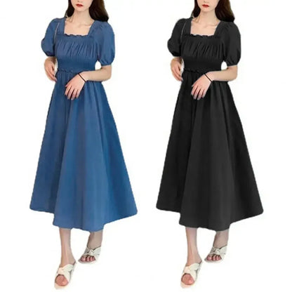 Summer Women Dress Pleated Shirring Square Neck Short Sleeve Bubble Sleeve Ladies Dress Solid Color Loose Hem Midi Dress