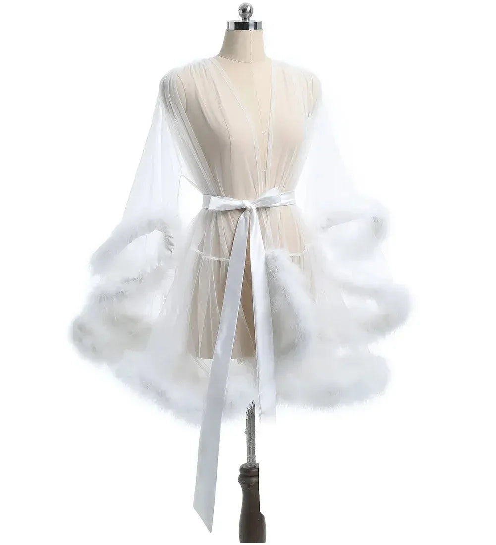 Sexy Feather Robe Large Size Seductive Mesh Perspective Sex Fur Bathrobe Passionate Waist Tightening Robe Dressing Gown Bridal