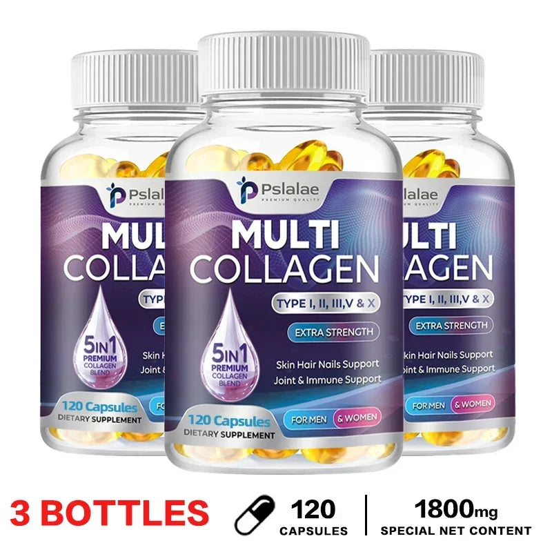 Multiple Collagen Complex - Types I, II, III, V, and X - Hair, Skin, Nail, Bones, Joint Health Support 120 Capsule-3bottles