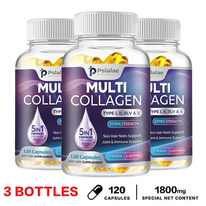 Multiple Collagen Complex - Types I, II, III, V, and X - Hair, Skin, Nail, Bones, Joint Health Support 120 Capsule-3bottles