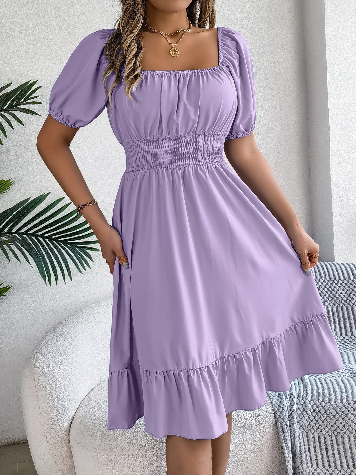Spring and Summer Elegant High Waisted Dress Square Neck Short Sleeved Ruffled Edge Long Dresses for Women Badiee Stylez