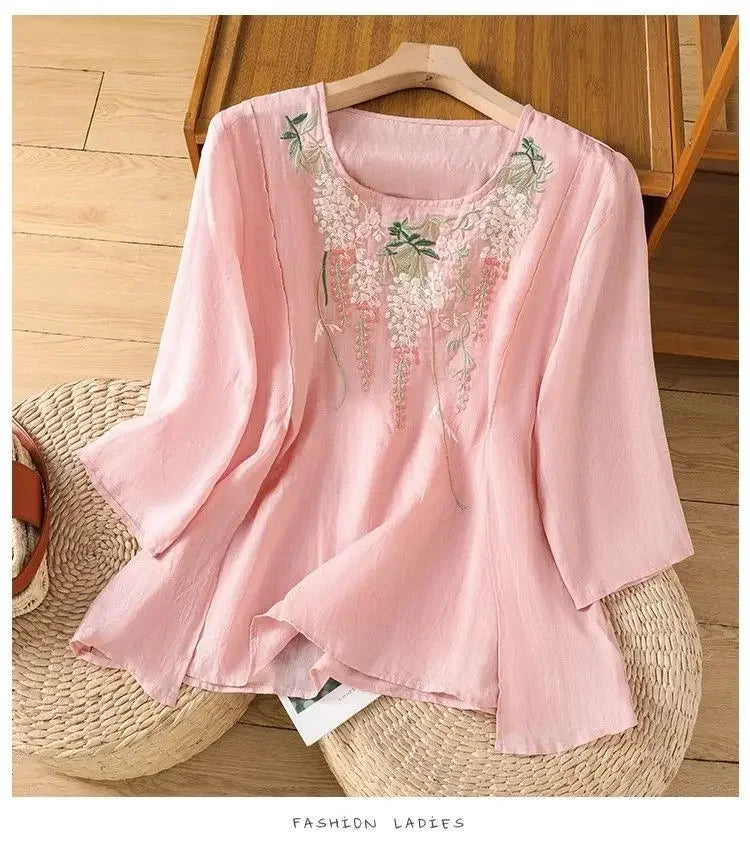 Thin Streetwear Vintage Clothes Ethnic Style Cotton Linen Shirts for Women Clothing Top Tshirt Tees Fashion Casual Embroidery