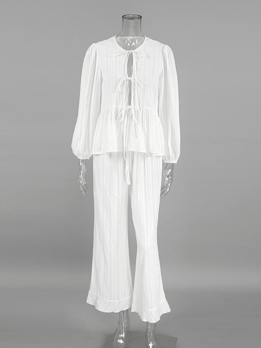 Marthaqiqi Winter Women Pajamas Suit Lace Up Sleepwear Long Sleeve Nightgowns O-Neck Nightwear Pants Casual Ladies Home Clothes