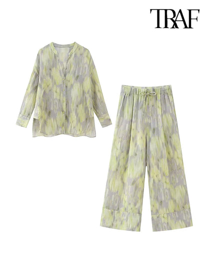 TRAF Women's single-breasted V-neck long-sleeved shirt Drawstring high-waisted wide-legged trousers Retro Printed Cotton Set Suit-K343