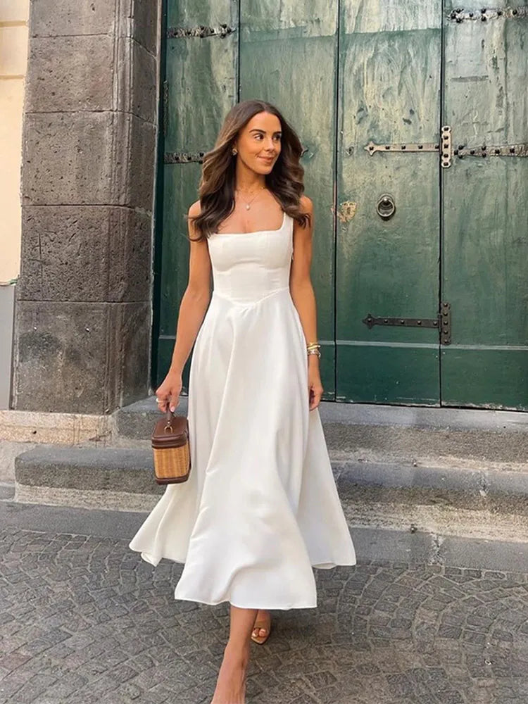 Fashion Polka Solid Slim Vestido Lady Elegant Chic Sleeveless Off Shoulder Pleat Square Neck Maxi Dress Summer Dinner Party Wear WHITE