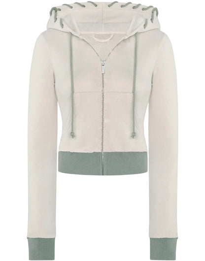 Patchwork 2 Piece Set Tracksuit Women Zip Wide Waist Crop Hooded Pocket Jacket + Sporty Pants Matching Casual Basic Suit