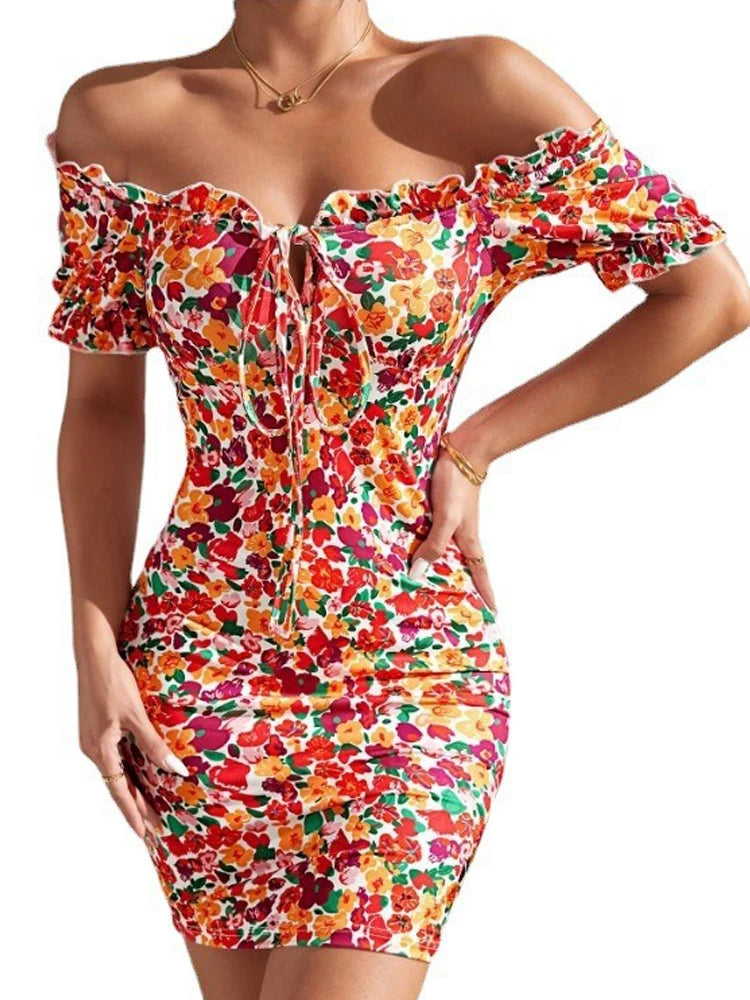 All-over flower print ruffled lace-up one-shoulder sexy high-elasticity slim-fitting dress mini skirt printing