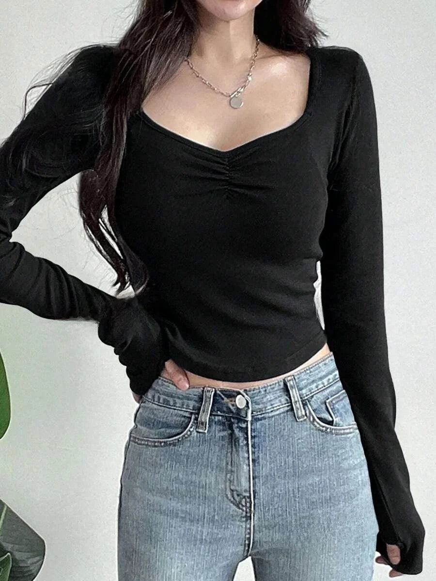 Women Long Sleeve Tops - Sexy Going Out Sweetheart V Neck Basic Shirts Tight Slim Fall Trendy Clothing