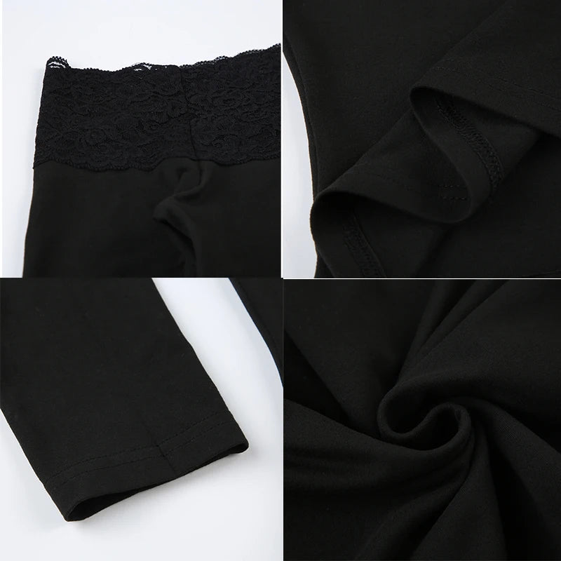 Cuteandpsycho Lace Patchwork Solid Slim Tee Shirts Long Sleeves V-neck Aesthetic Fashion Clothes Vintage Streetwear Black Tops