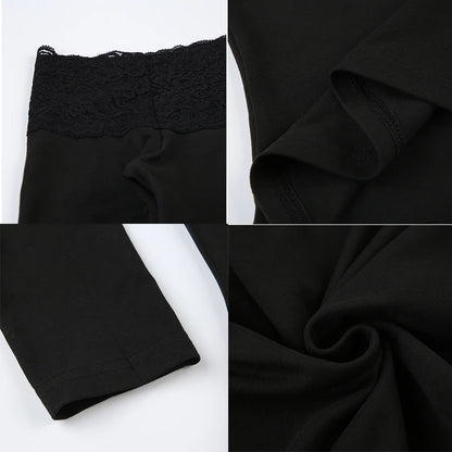Cuteandpsycho Lace Patchwork Solid Slim Tee Shirts Long Sleeves V-neck Aesthetic Fashion Clothes Vintage Streetwear Black Tops