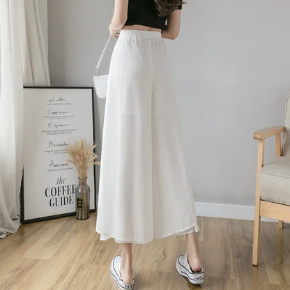 Women Pants Culottes Elastic Wide Leg Irregular Hem Double Layers Korean Trousers Summer Casual Loose Pleated Pants