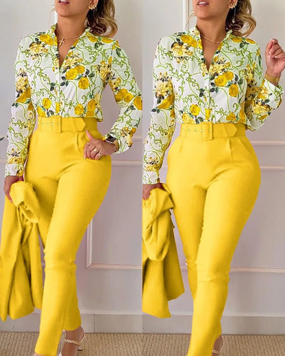 Women's Shirt 2 Pieces Suit Set 2024 Fall Print V Neck Long Sleeve Top Casual High Waist Pockets Work Female Clothes Pants Set