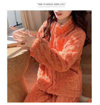 Large Size Flannel Pajamas Set Autumn Winter Female Sleepwear Trouser Suit Thicken Coral Fleece High Collar Lounge Wear Homewear
