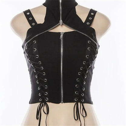 Y2k Dark Punk Gothic Corset Vest Women 2024 High Waist Bandage Crop Tank Tops Streetwear Emo Alt Harajuku Halter Rave Outfits