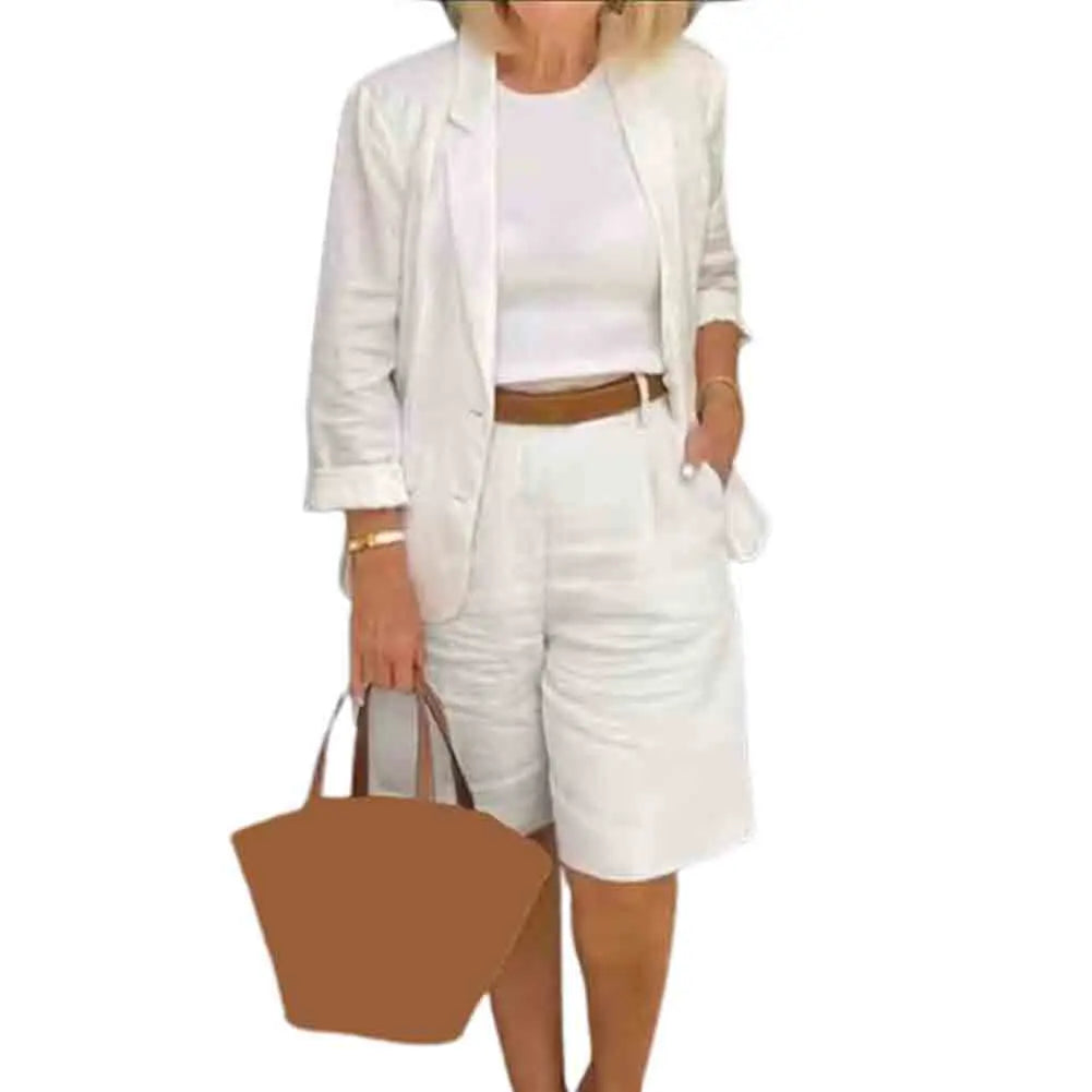 Formal Shorts Suit Knee Length Pants Lady Business Outfit Cardigan Plus Size Lady Coat Shorts Set Daily Wear White