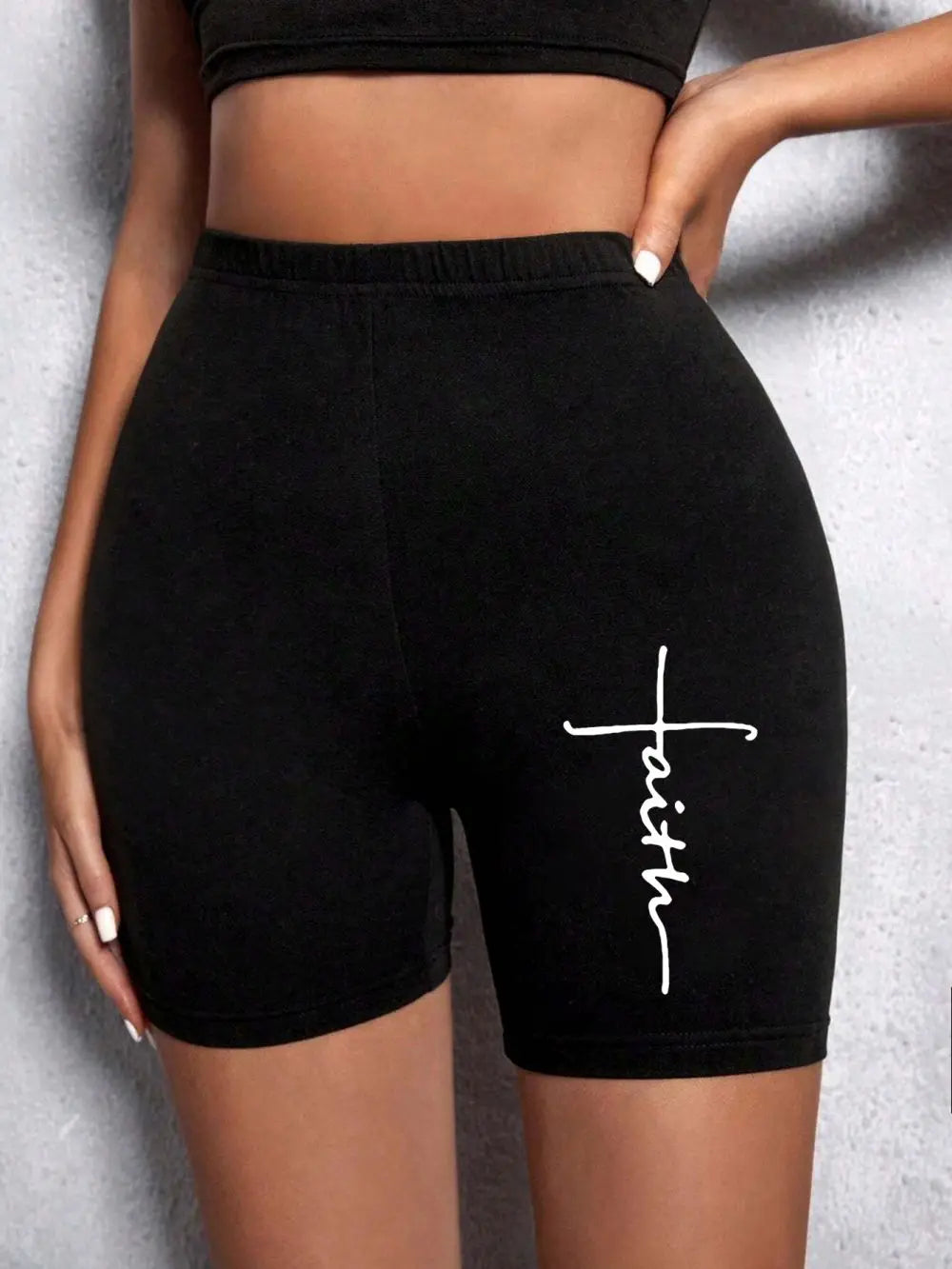 Trend Women Sports Shorts Simple White Line Letter Graphic Print Tight Shorts High Elastic Comfortable Soft Thin Female Clothes Black