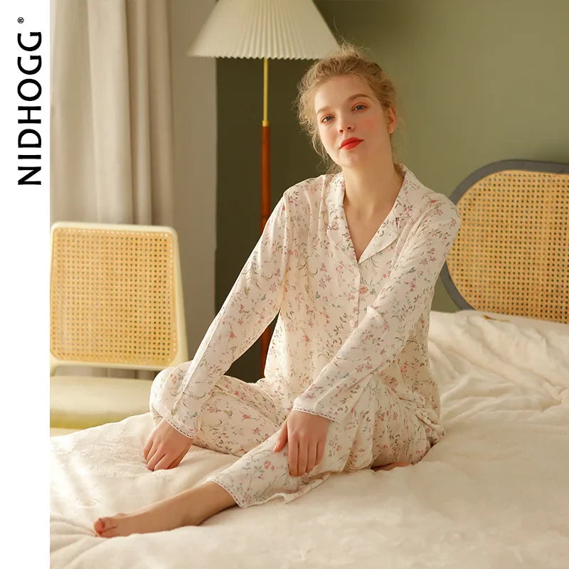 Pre-sale 2024 Spring Satin Pajamas Long Sleeve Viscose Sleepwear Willow Leaf Print Lounge Wear Two Piece Pijama Set Pijama Mujer