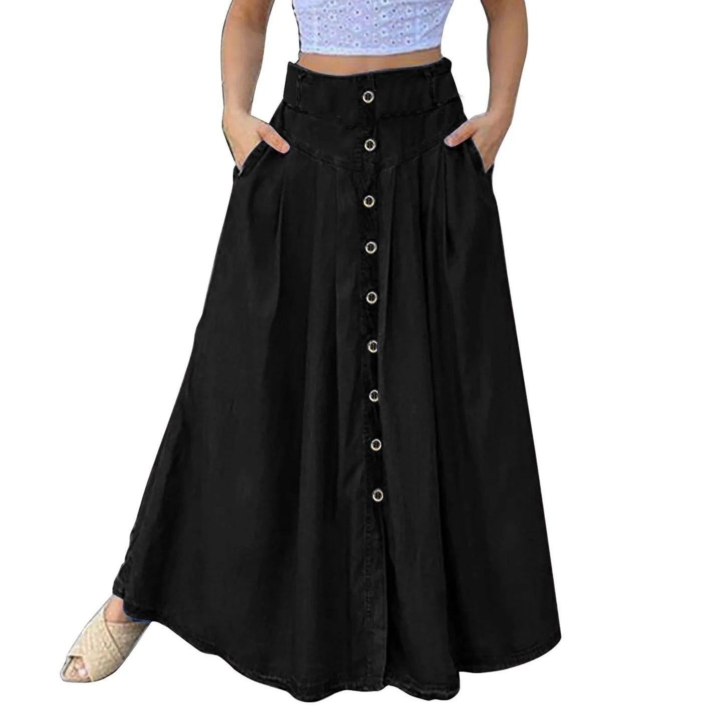 Bed Skirt Full Women's Spring And Summer Casual Loose Solid Color A Line High Waist Skirt With Pocket Buttons Colorful Skirt Black