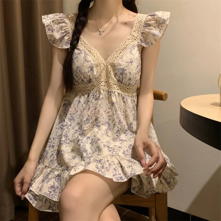 Sweet Princ Sle Women's Lace Nightgown Set with Chest Pad V-Ne ort Pants Summer Breathable Cotton Spwear