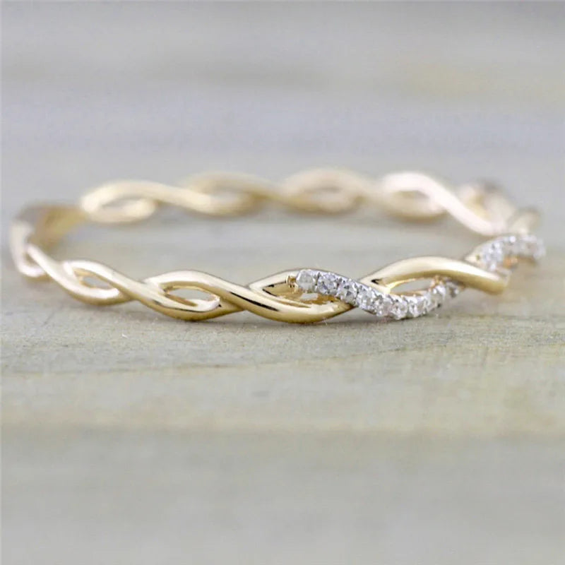 Huitan Simple Stylish Women Thin Rings Fancy Twist Band Shiny Crystal Cubic Zircon Daily Wear Versatile Jewelry Minimalist Gift