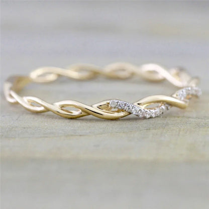 Huitan Simple Stylish Women Thin Rings Fancy Twist Band Shiny Crystal Cubic Zircon Daily Wear Versatile Jewelry Minimalist Gift