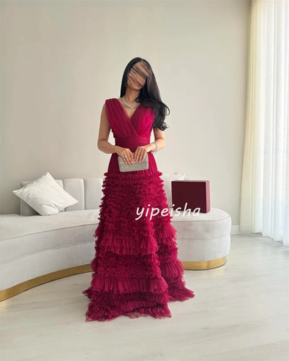 Customized Fashion Classic Tulle Pleat Ruched Tiered A-line V-neck Long Dresses Bespoke Occasion Dresses Matching Exquisite Badiee Stylez
