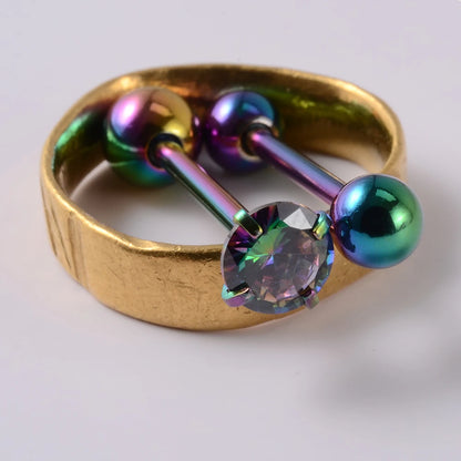 2PCS Anti-Allergy Surgical Steel Prong Zircon Tongue Barbell Piercings Ball Tongue Barbell Rings Fashion Piercing Jewelry 2PCS Rainbow