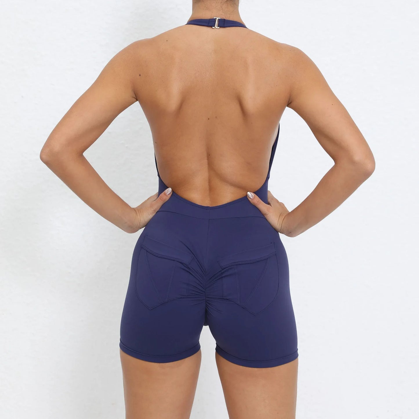 Gym Sport Jumpsuit Short Jumpsuit with Pocket Women Sportswear One Piece Yoga Set Sexy Backless Scrunch Fitness Overalls Romper dark blue