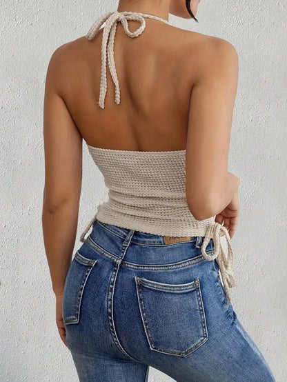 Fairyshely 2025 Sexy Female Sleeveless Bodycon Top Women Tied Halter Short Vest Summer Lady Backless Off Shoulder Clud Crop Tops
