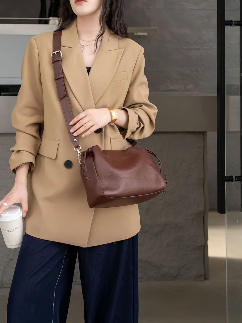 Ladies' New Premium Full-Grain Wrinkled Leather Crossbody Bag - Women's Chic Shoulder Commuter Bag with Organizer Pockets