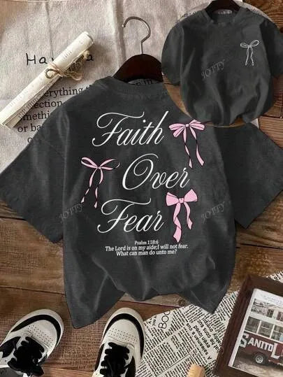 Pink Bow Faith Over Fear Printed Women Tee Shirts All-Match Cotton T-Shirt Casual O-Neck Clothes Hip Hop Y2K Short Sleeve