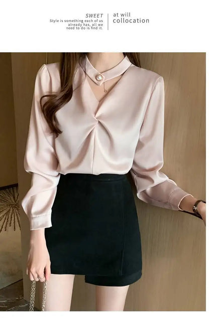 Satin Beading Halter V-Neck Woman Blouses 2022 Spring New Elegant Fashion Office Lady Long Sleeve Loose Commuter Shirts Female