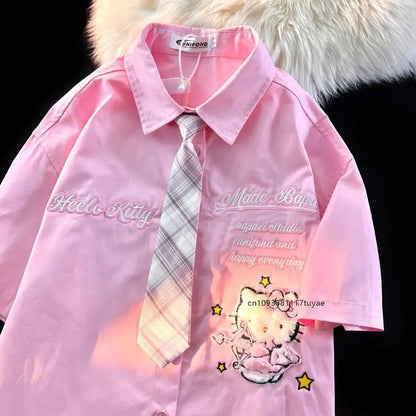 Hello Kitty Cute Short Sleeve Polo Shirts Women Sanrio Designer College Style Summer Blouse Korean Clothes Y2k New Fashion Tops
