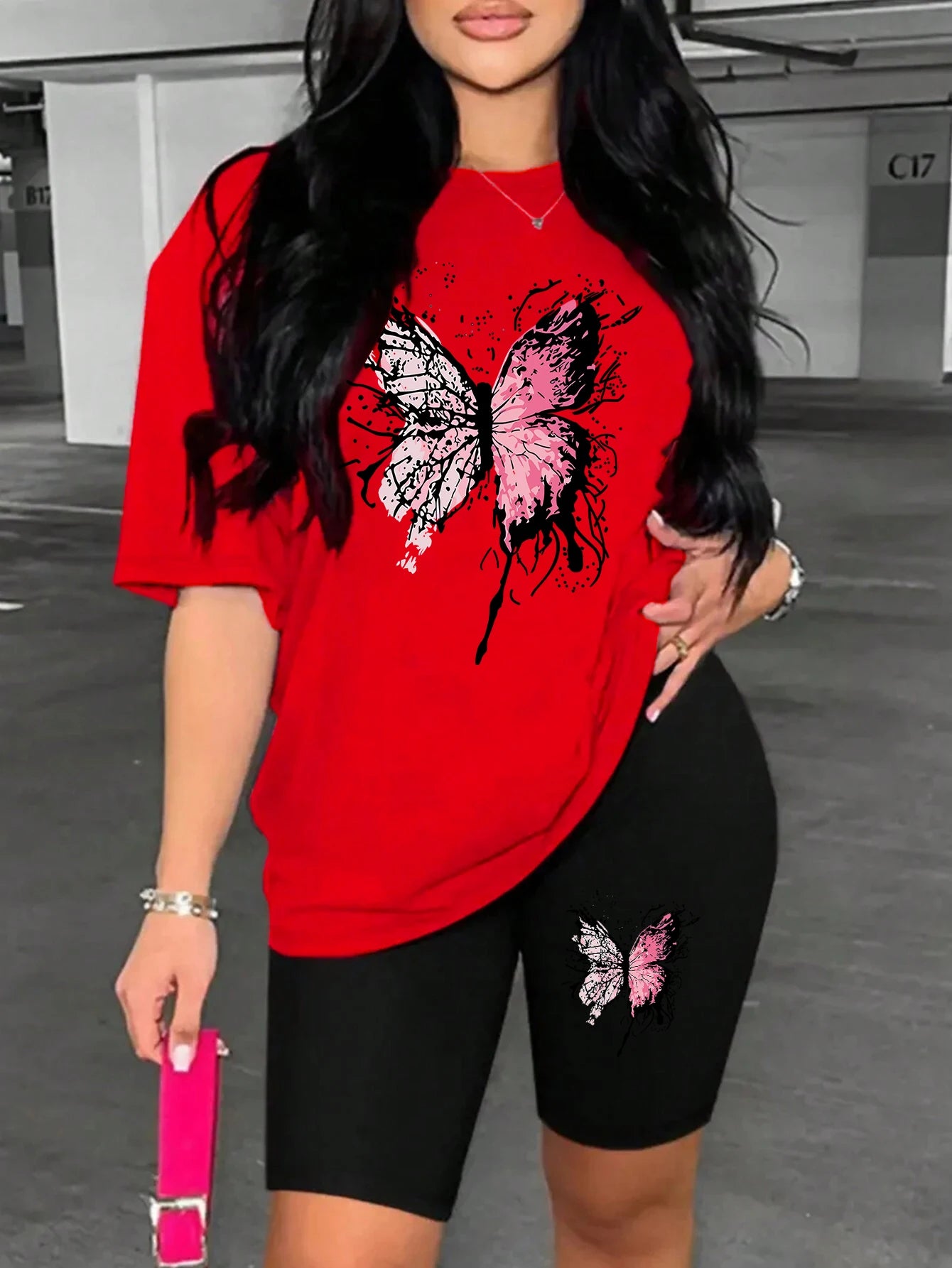 Beautiful Butterfly Pattern Print For Women Short Sleeved Shorts Set Soft Essential Two Piece Set Sports Comfortable Shorts Sets Red-Black