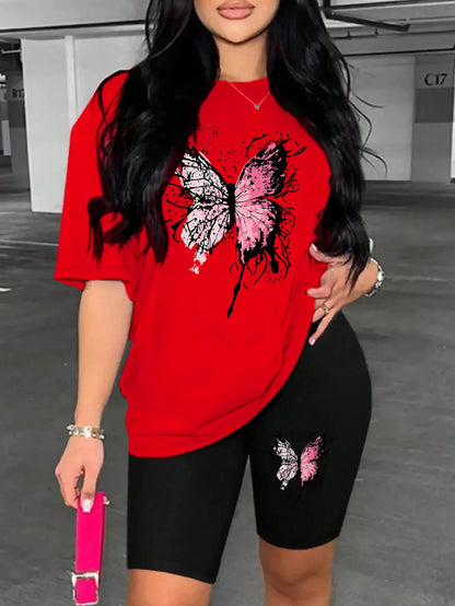 Beautiful Butterfly Pattern Print For Women Short Sleeved Shorts Set Soft Essential Two Piece Set Sports Comfortable Shorts Sets Red-Black