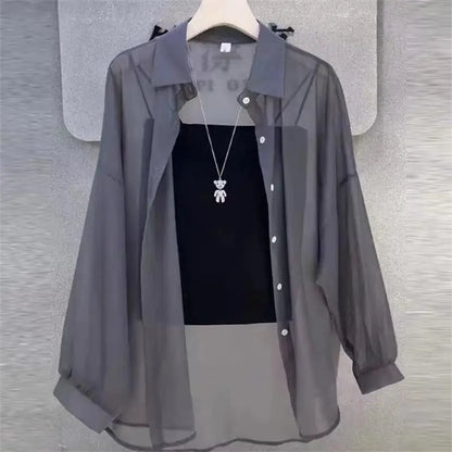 Shirt for Women Blouse Long Sleeve Top Chiffon Summer Simple Sun-proof Fashion All-match Basic Korean Sexy Solid Casual Shirt Gray One Size