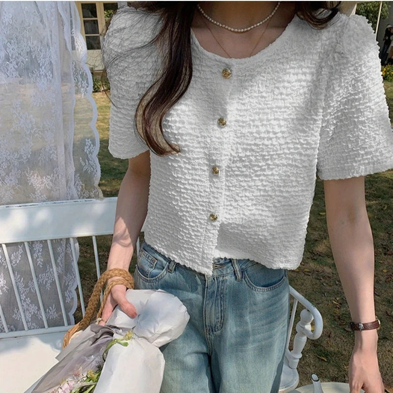 New Summer Short Sleeve O-Neck Women Shirt Sweet White Shirt Blouse Women Tops 2025 Blouses Shirts Blusas Para Mujer Blusa XL183
