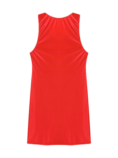 Women's Oil Glossy Stretch Tank Mini Dress Solid Color Sleeveless Tights Bodycon Short Dress Stretch U Neck Party Sundress