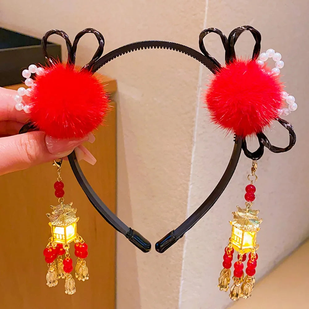 Glowing Hanfu Wig Headband Flower Tassel Chinese Style Luminous Lantern Headband Cute Red New Year Headdress New Year Dress Up Style 1