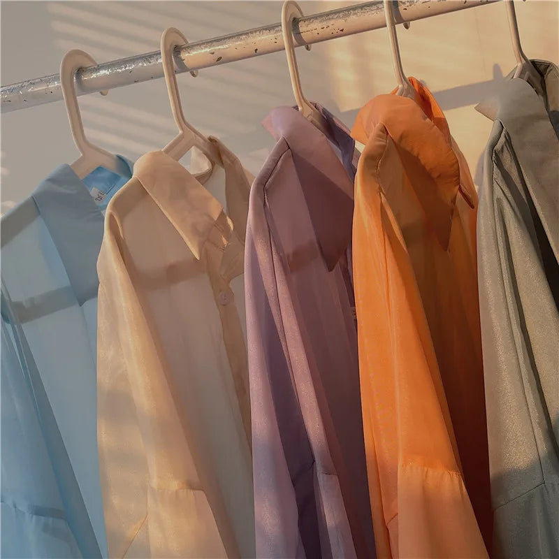 Semi Sheer Long Sleeve Shirt for Women Shimmer Button Down Collared Plain Lightweight Shirt Spring Summer Chic Tops Outfit