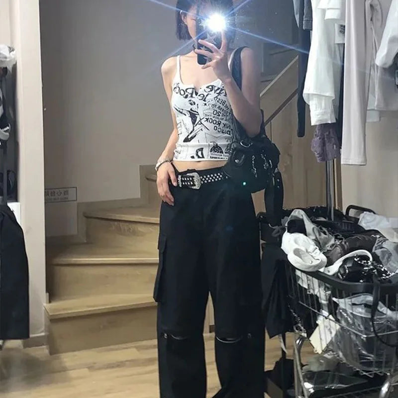 Y2K E-Girl Punk Print Sleeveless Ribbed Knit Tank Top For Women 2000s Crop Top Summer Fairy Grunge 90s Hippie Tee Korea Fashion