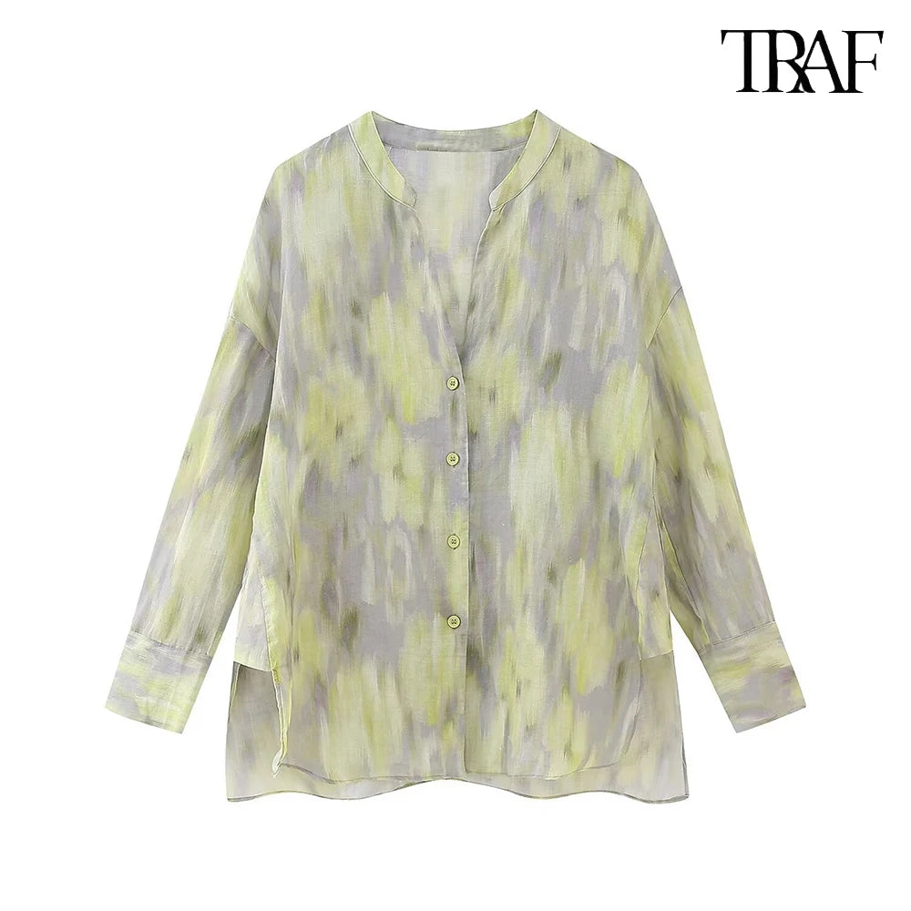 TRAF Women's single-breasted V-neck long-sleeved shirt Drawstring high-waisted wide-legged trousers Retro Printed Cotton Set